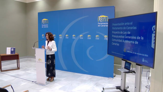 Rueda de prensa de la consejera de Hacienda y Relaciones con la Unión Europea del Gobierno de Canarias, Dña. Matilde Asián González, con motivo de la presentación de los Presupuestos Generales de la Comunidad Autónoma para 2025